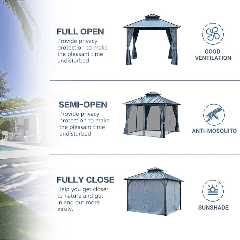 10' X 10' Hardtop Gazebo with Galvanized Steel Double Roof, Sturdy Aluminum Frame, Curtains, and Netting