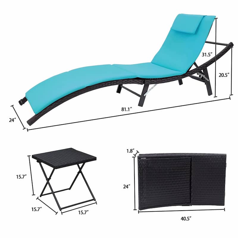 Homall Patio Chaise Lounge Sets Outdoor Rattan Adjustable Back 3 Pieces Cushioned Patio Folding Chaise Lounge with Folding Table