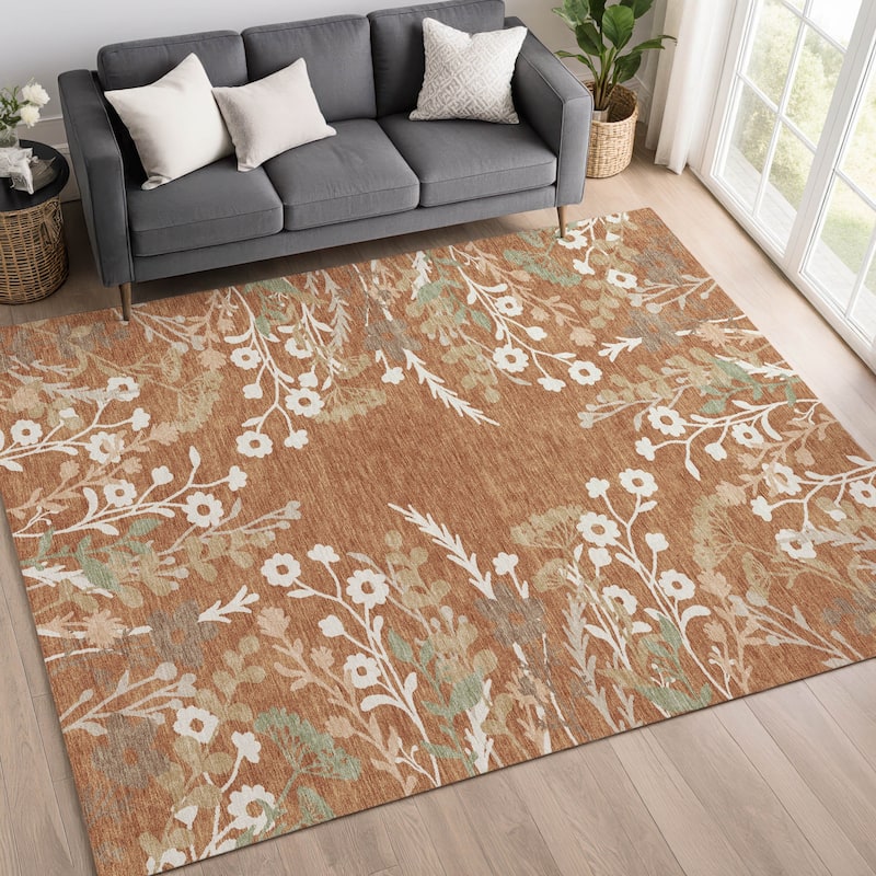 Machine Washable Indoor/ Outdoor Floral Border Chantille Rug