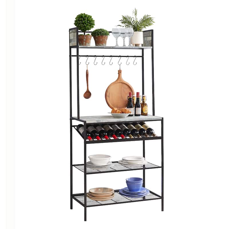 Bakers Rack with Storage Shelfs, Wine Rack and Hooks - Microwave Stand for Home Kitchen/Dining Room, Black/Gray