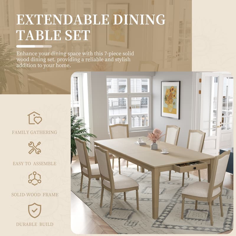 78.1'' Extendable Wood Dining Table Set with Removable Leaf and 6 Upholstered Dining Chairs