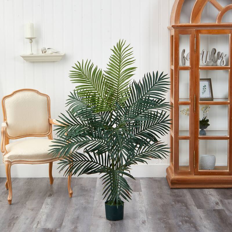 Artificial Palm Tree 5ft Tall Indoor, Modern Faux Palm Plant with Planter, Realistic Tropical Decor - 5ft.