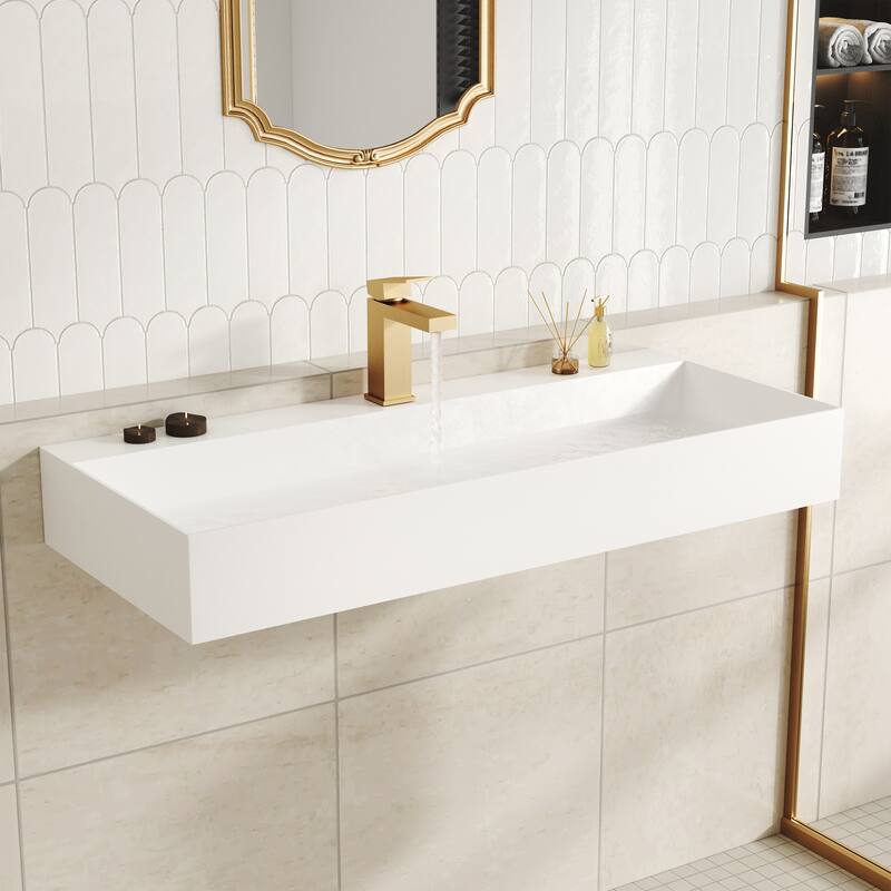 Solid Surface Wall-Mounted Rectangular Bathroom Sink with Pop-Up Drain, Modern Floating Wash Basin with Center Drain