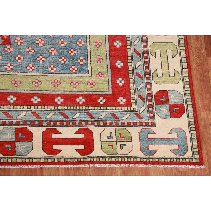 Hand Knotted Oriental 100% Wool Carpet Traditional Geometric Multi-Colored Kazak Area Rug - 11' 7'' X 8' 6''