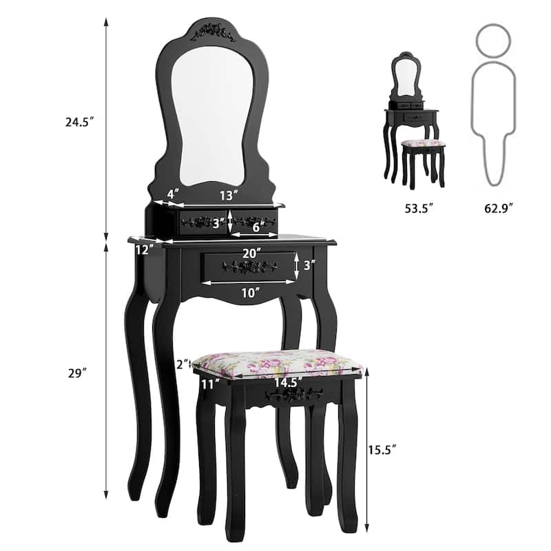 Costway Vanity Wood Makeup Dressing Table Stool Jewelry Desk Black