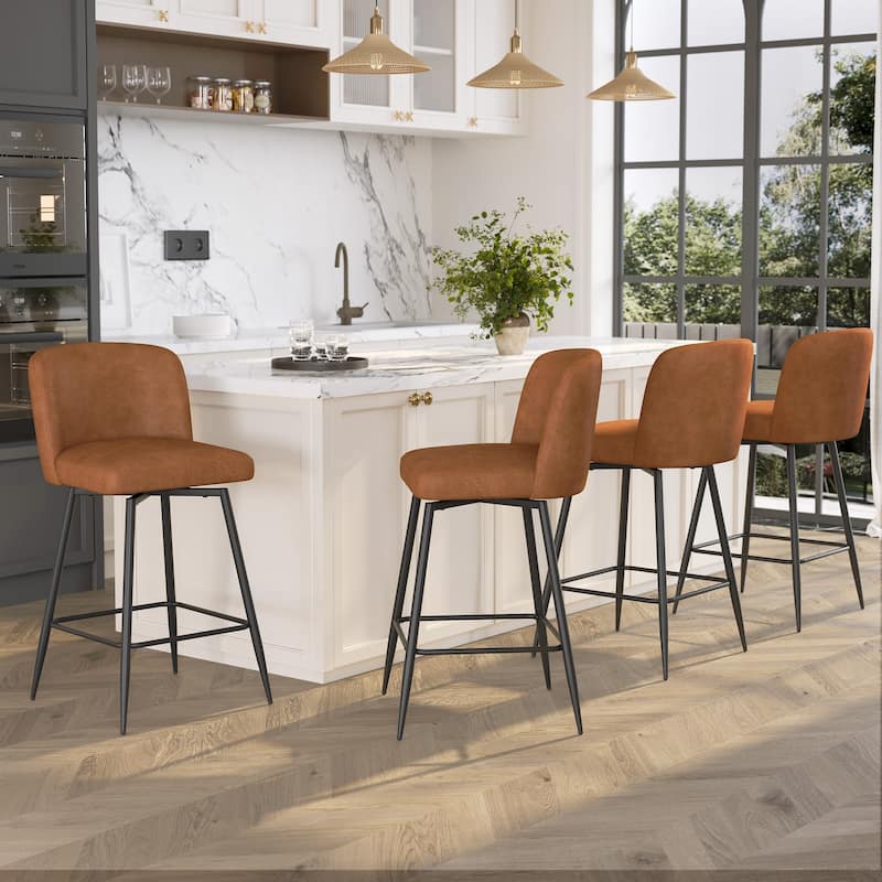 26.77" Counter Height Swivel Bar Stools with Backs and Metal Legs - Brown - 4PC