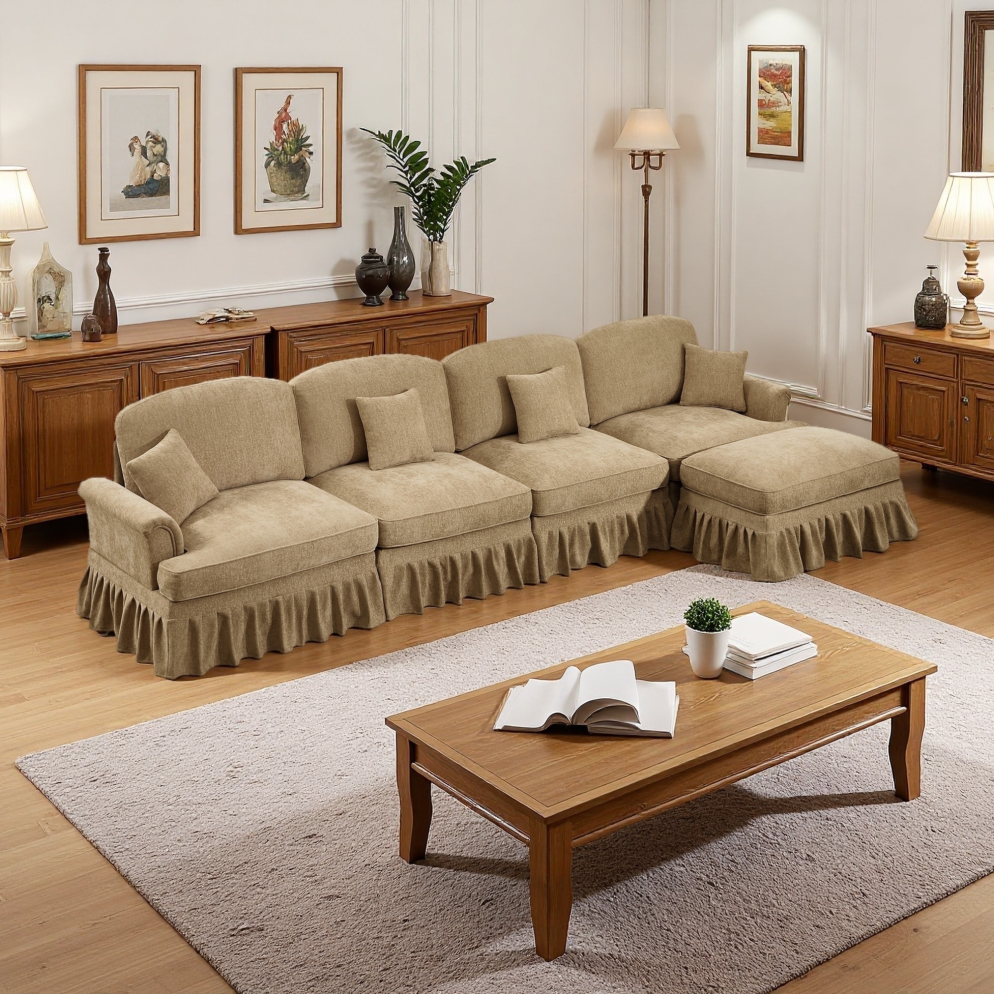 137.8" Chenille L-Shaped 4-Seater Modular Sectional Sofa with Flared Arms, Skirt & Movable Ottoman