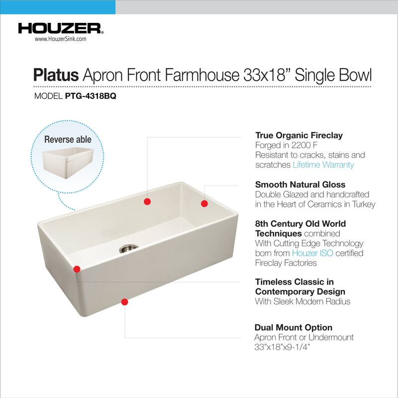 Houzer PTG-4318 Platus 33" Farmhouse Single Basin Fireclay Kitchen