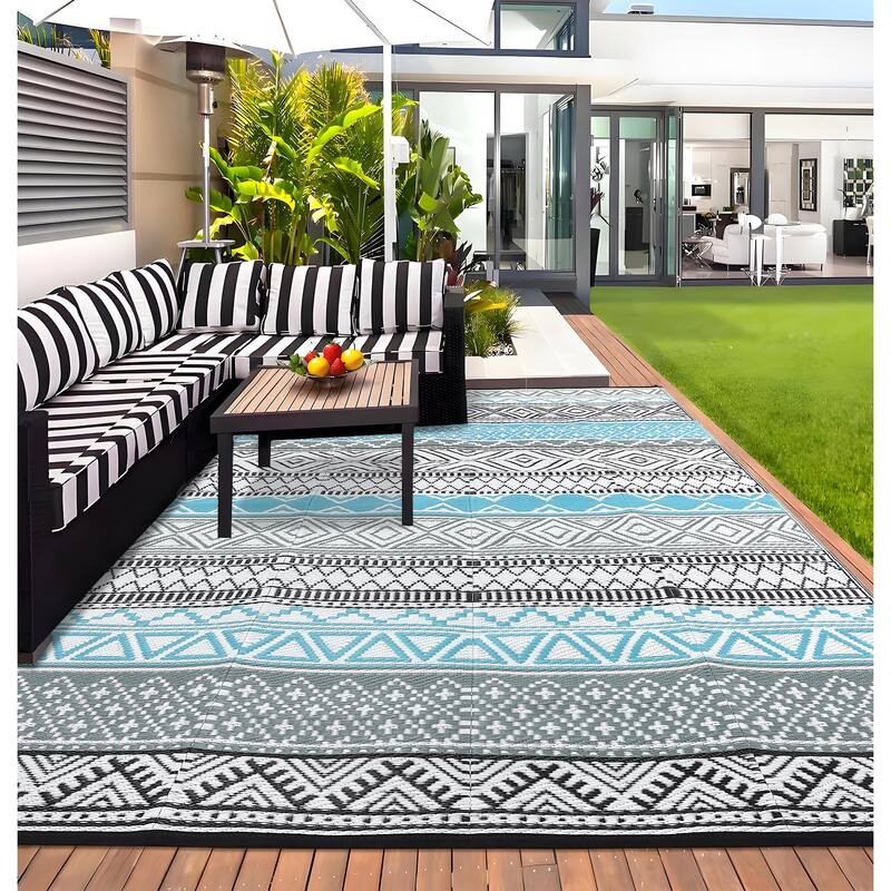 Outdoor Rug Waterproof Patio Rug Mat Geometric Rug Plastic Straw Outside Rug for RV Camping Picnic Reversible Rug