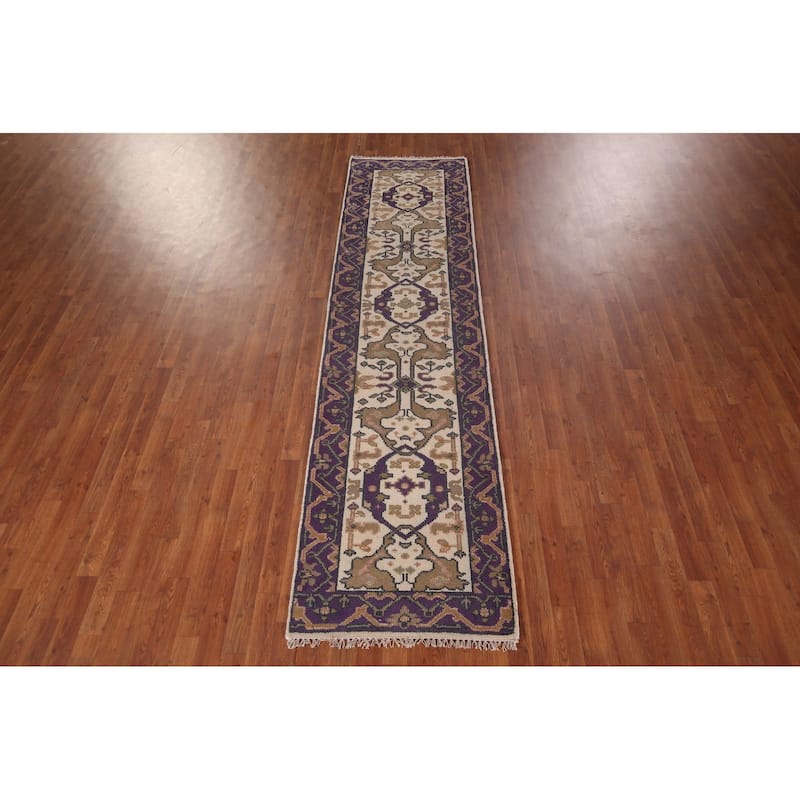Ivory & Purple Oushak Indian Runner Rug Hand-Knotted Wool Carpet - 2'8"x 10'1"