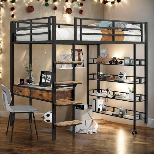 slide 2 of 14, Full Size Sturdy Metal Loft bed Frame with Desk and Shelves Black