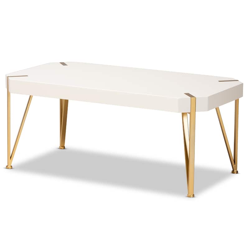 Kassa Glam Brushed Gold Metal and White Finished Wood Coffee Table - White