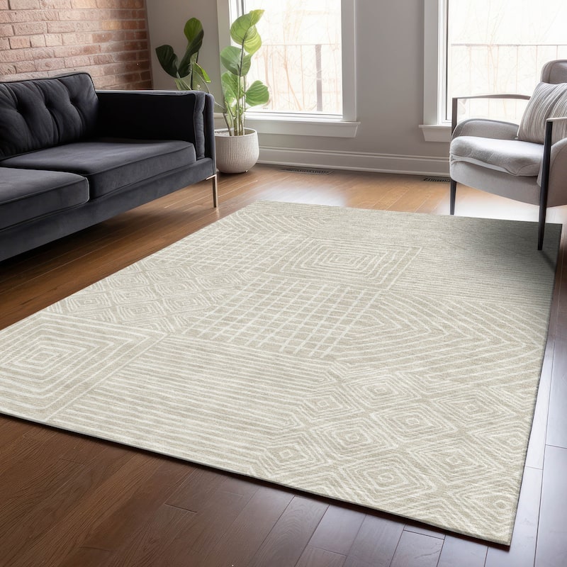 Machine Washable Indoor/ Outdoor Modern Mosaic Chantille Rug - Beige - 10' x 14'