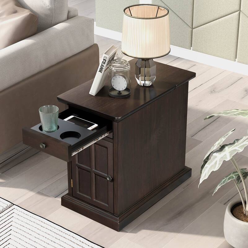Classic Vintage Living Room End Table Side Table with USB Ports and One Multifunctional Drawer with Cup Holders - Antique Espresso