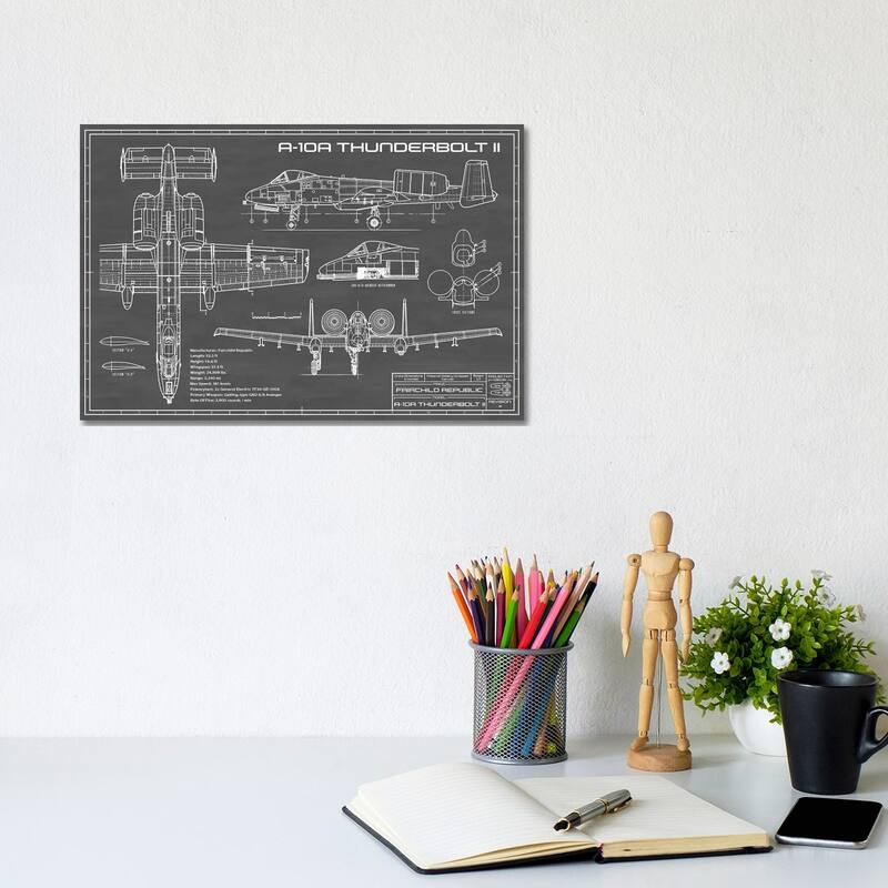 iCanvas "A-10 Thunderbolt II (Warthog) Airplane In Black" by Action Blueprints Canvas Print - 8x12x0.75