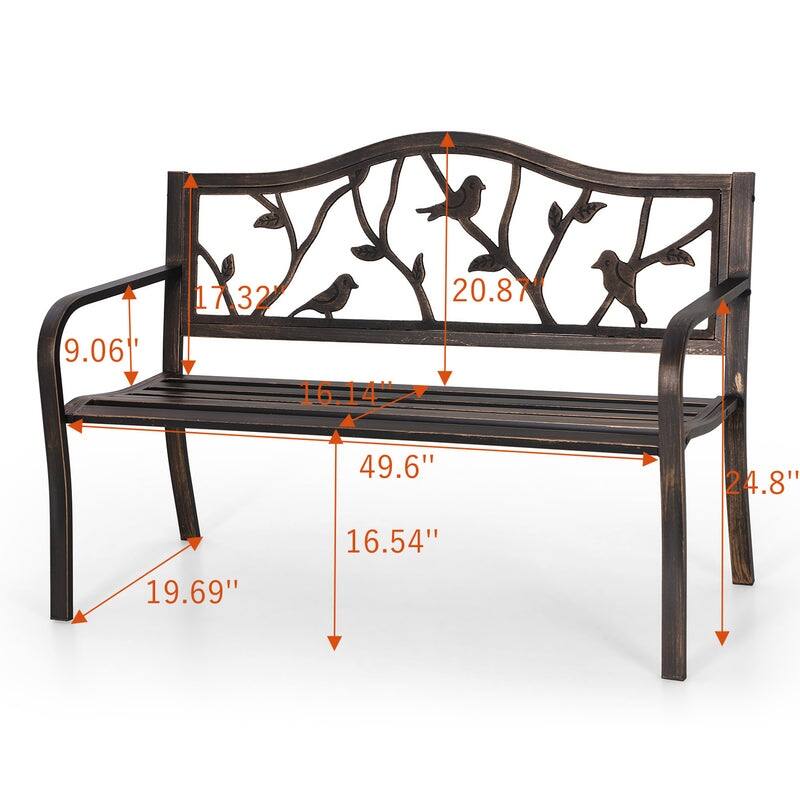 MAISON ARTS Garden Bench Bronze Cast Iron Steel Frame 50 Inch Adorable Birds Pattern