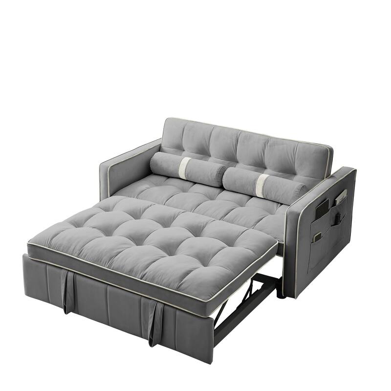 Velvet Sofa Bed with Adjustable Back and Storage Pockets, Multifunctional Sleeper Sofa