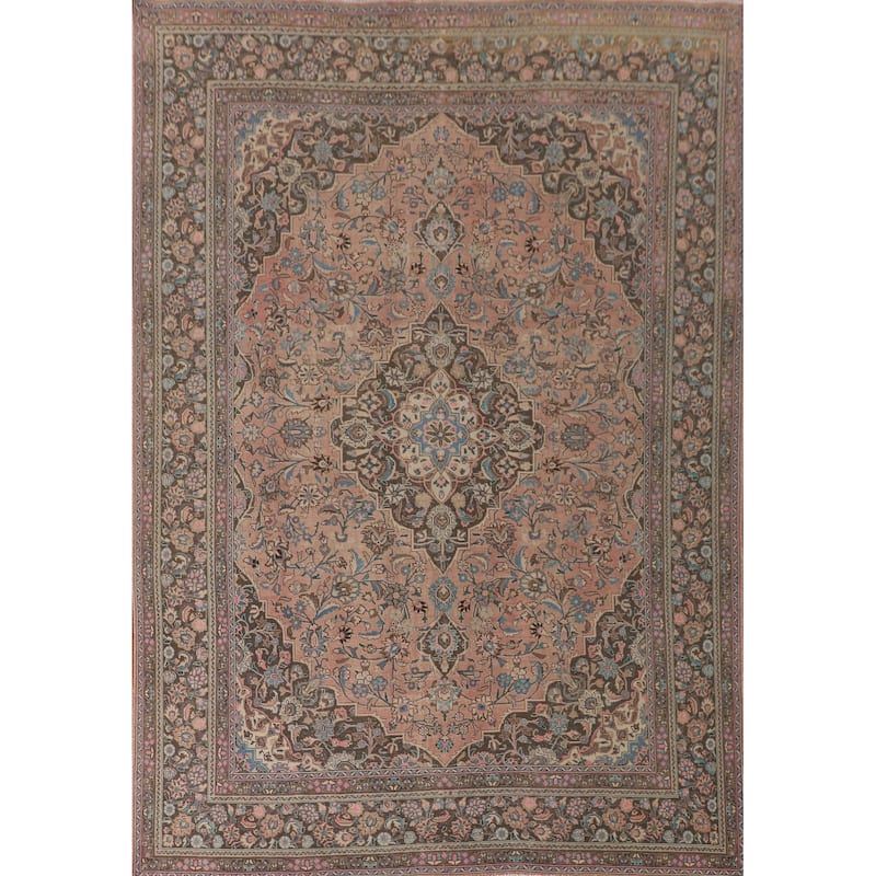 Traditional Pink Mashad Persian Vintage Rug Handmade Wool Carpet - 9'6"x 12'6"