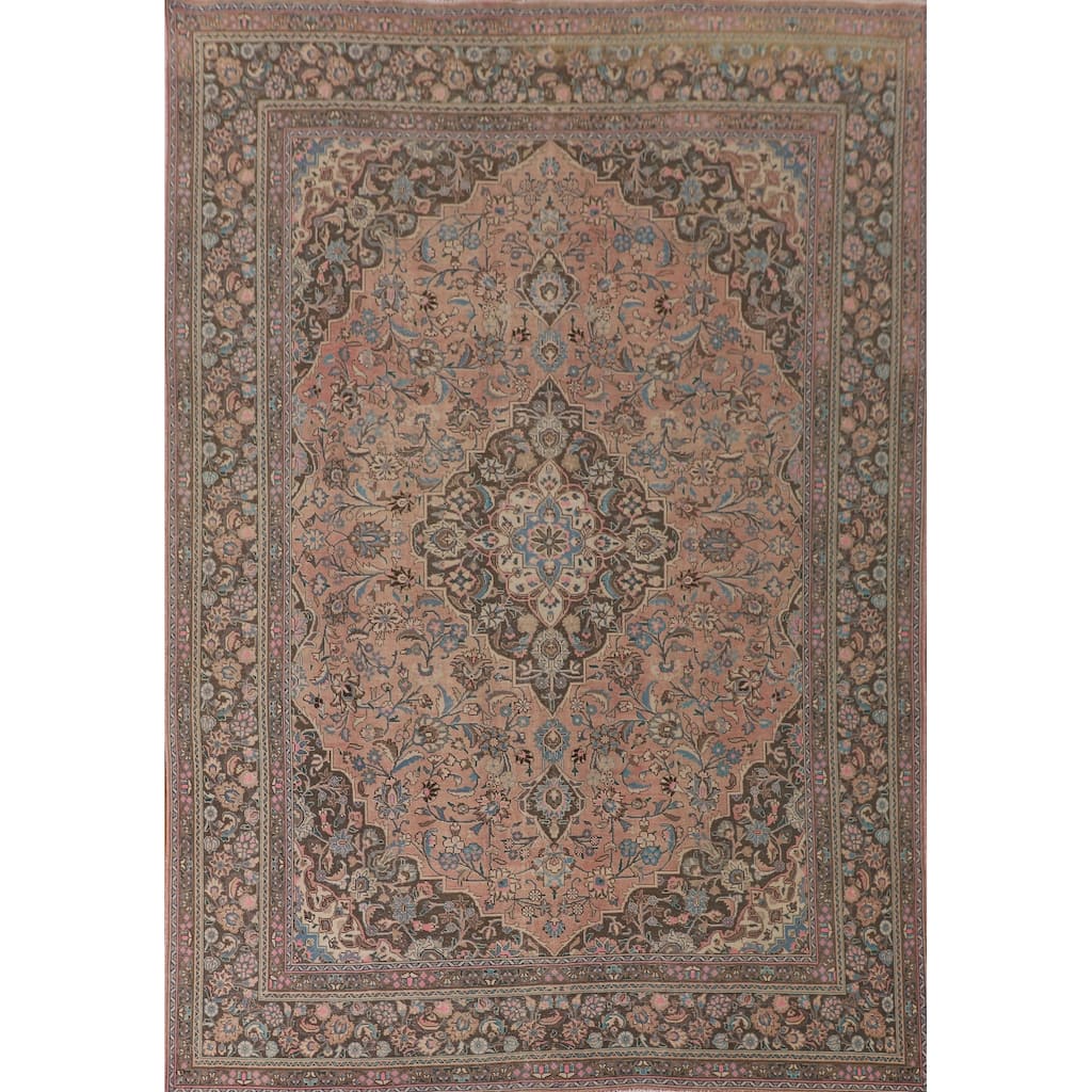 Traditional Pink Mashad Persian Vintage Rug Handmade Wool Carpet - 9'6"x 12'6"