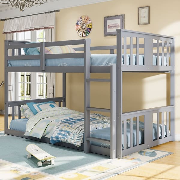 slide 2 of 28, Twin over Twin Convertible Low Wood Floor Bunk Bed, Stackable and Detachable Bed Frames with Ladder for Kids, High Guardrail Gray - Twin