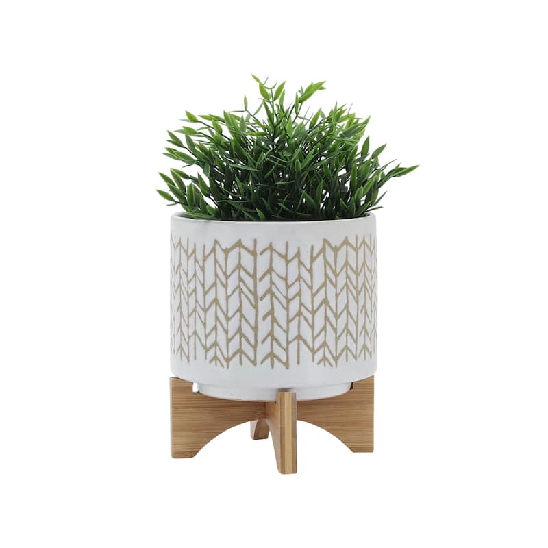 8" Planter with Wood Stand, Beige