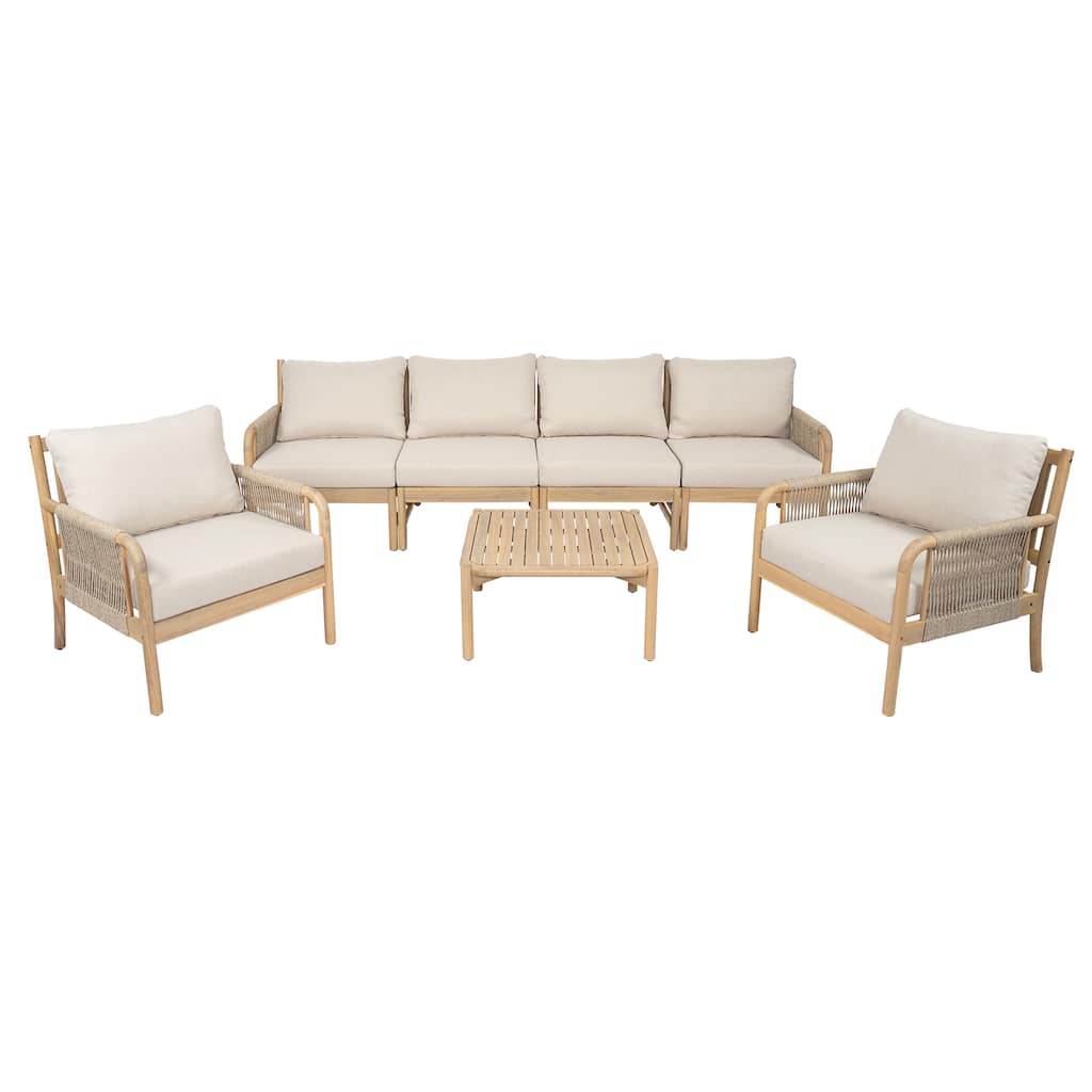Christopher Knight Home - Modern Outdoor Wooden 7-Piece Conversational Sofa Set with Coffee Table - 6 - Seater