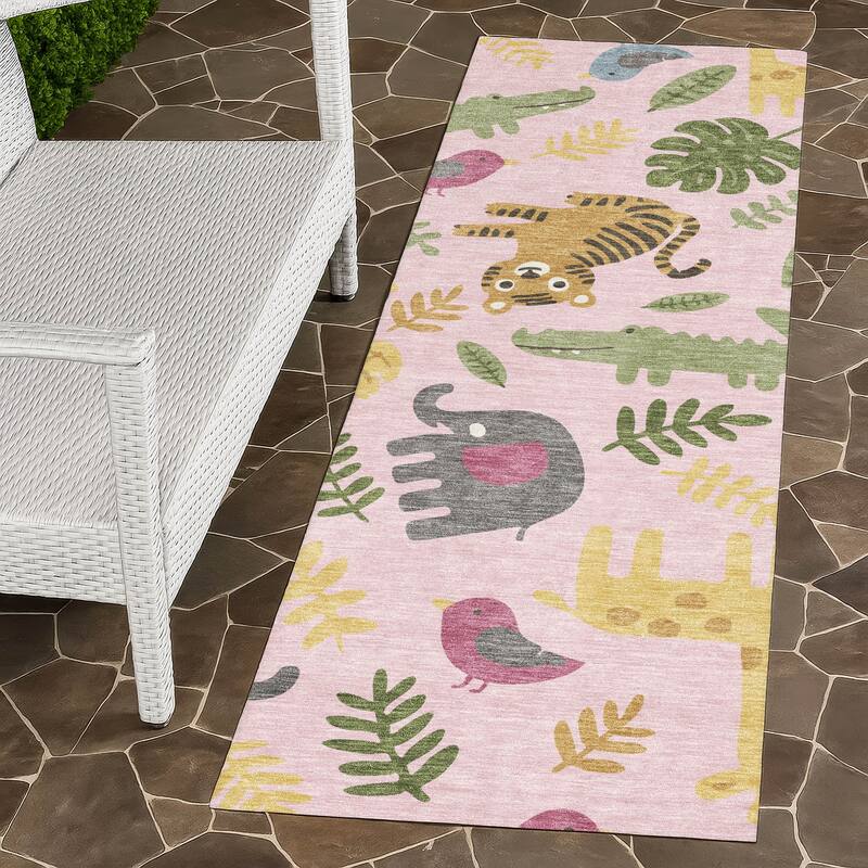 Machine Washable Indoor/ Outdoor Whimsy Safari Animals Chantille Rug - Pink - 2'3" x 7'6"