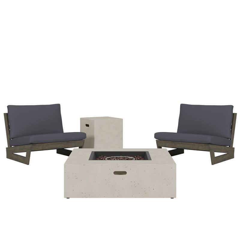 Sherwood Acacia Wood Outdoor Lounge Chairs and 50,000 BTU Square Propane Fire Pit by Christopher Knight Home