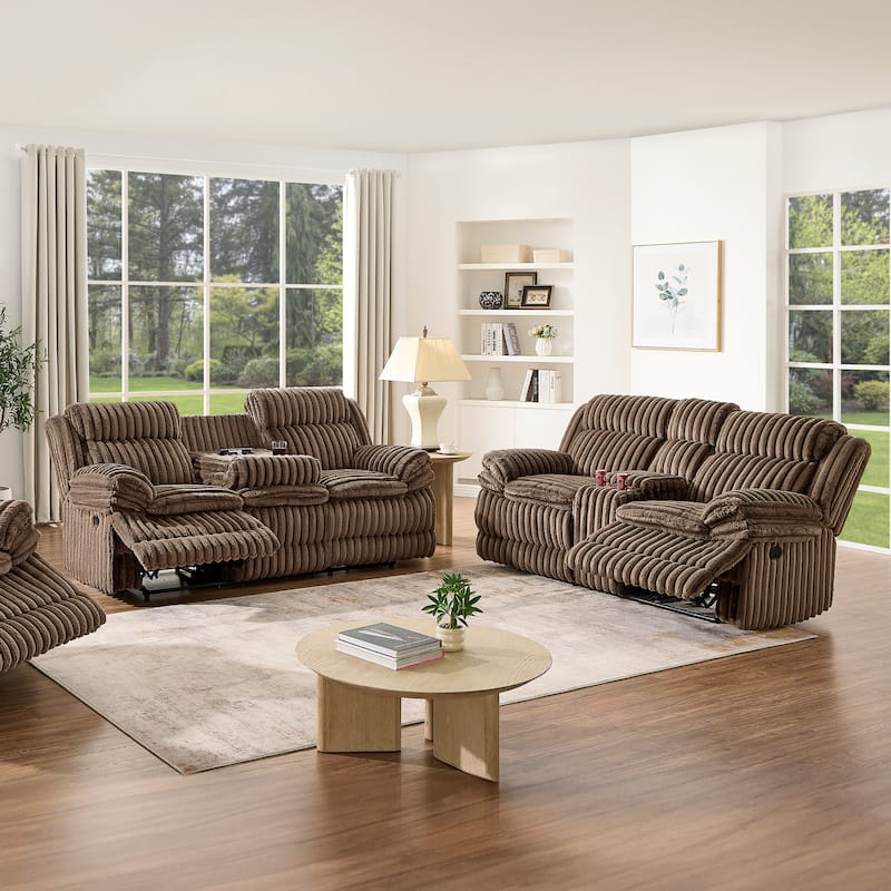 Roundhill Furniture Ardello 2-Piece Reclining Sofa Set, Corduroy Upholstery with Built-In Power Center, Chocolate