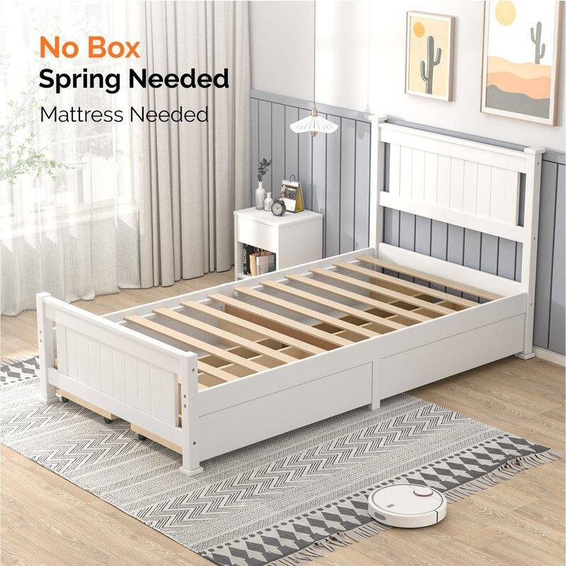 Wood Twin Size Bed Frame with 4 Storage Drawers, Solid Wood Platform Bed with Headboard