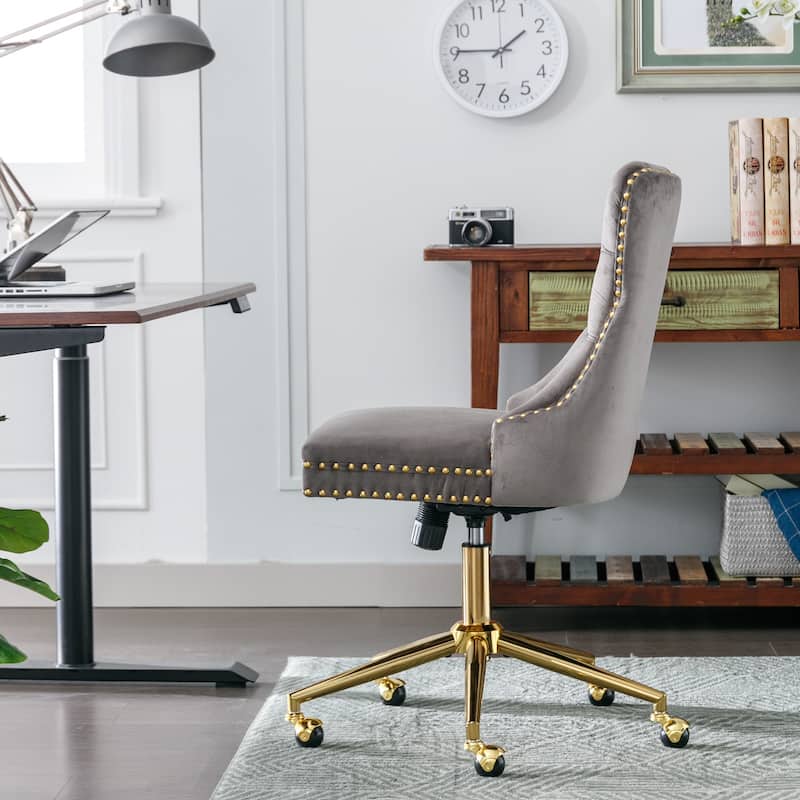 GDF Studio - Modern Velvet Tufted Upholstered Office Chair with Golden Metal Base with Nailhead Trim and Triple-Elastic Cushion