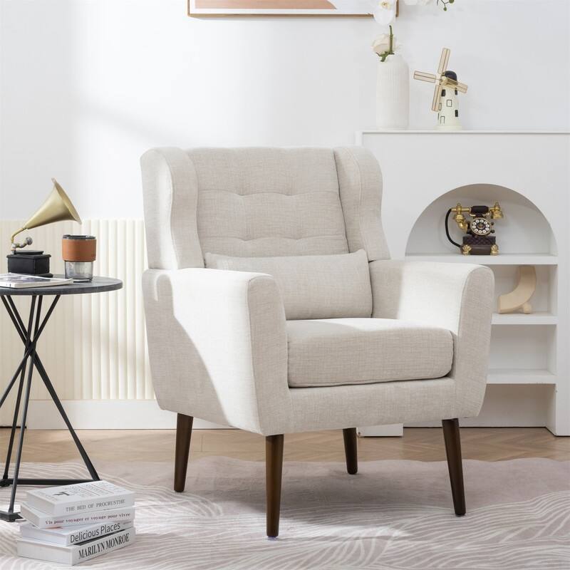 Modern Chenille Upholstered Armchair with Pillow and Solid Wood Leg