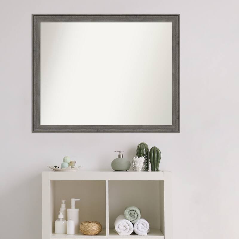 Non-Beveled Wood Bathroom Wall Mirror - Regis Barnwood Grey Narrow Frame