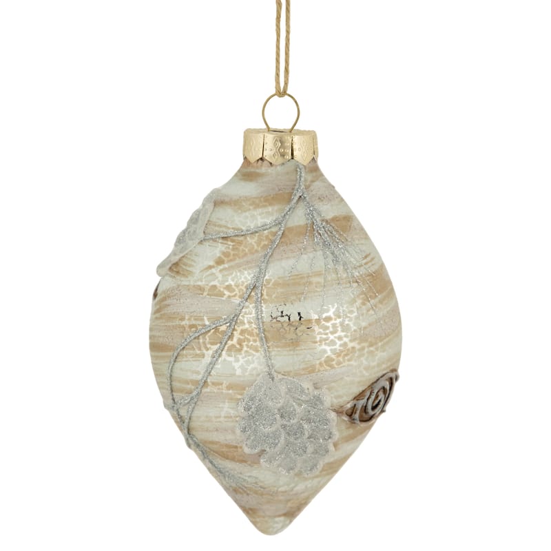 5" Birch Wood and Glitter Pine Cones Glass Finial Christmas Ornament