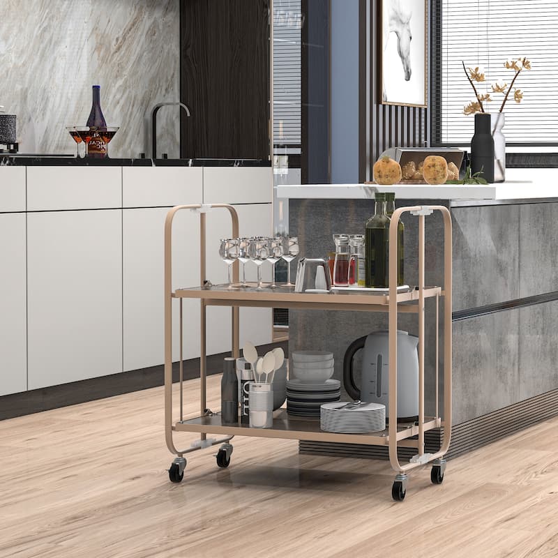 2-Tier Mobile Serving Cart with Tempered Glass Shelf-Golden - 26" x 16" x 28.5"