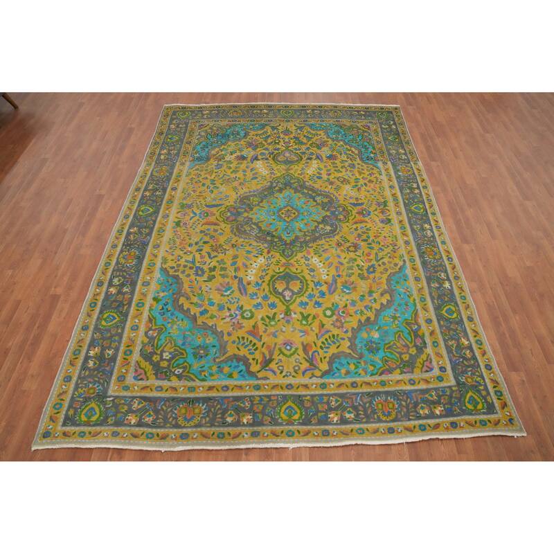 Hand Knotted Oriental 100% Wool Carpet Traditional Floral Yellow & Gold Tabriz Area Rug - 11' 0'' X 8' 2''