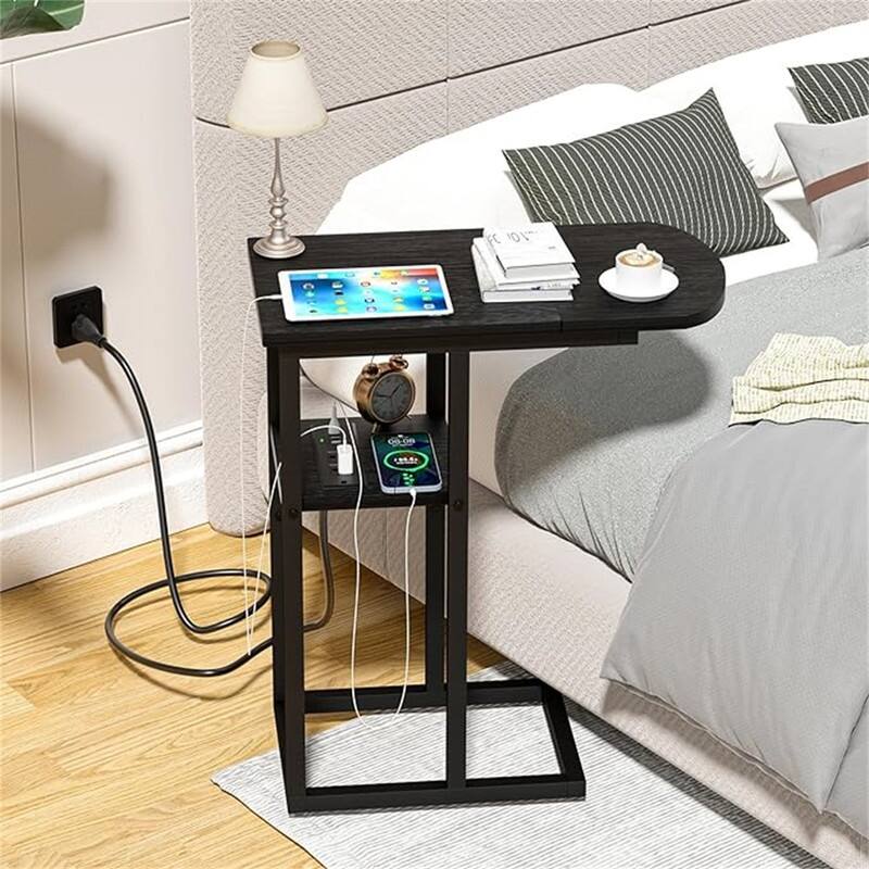 C Shaped End Table with Charging Station - 20.6"D x 11.8"W x 27.8"H - Black