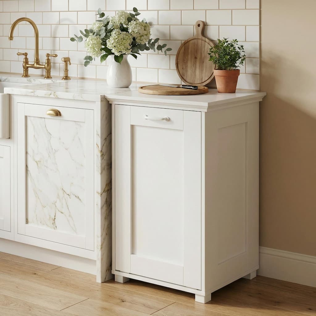 Tilt Out Trash Cabinet with Ozone Odor Control, Wooden Hidden Garbage Bin Cabinet for Kitchen, Laundry Hamper Cabinet
