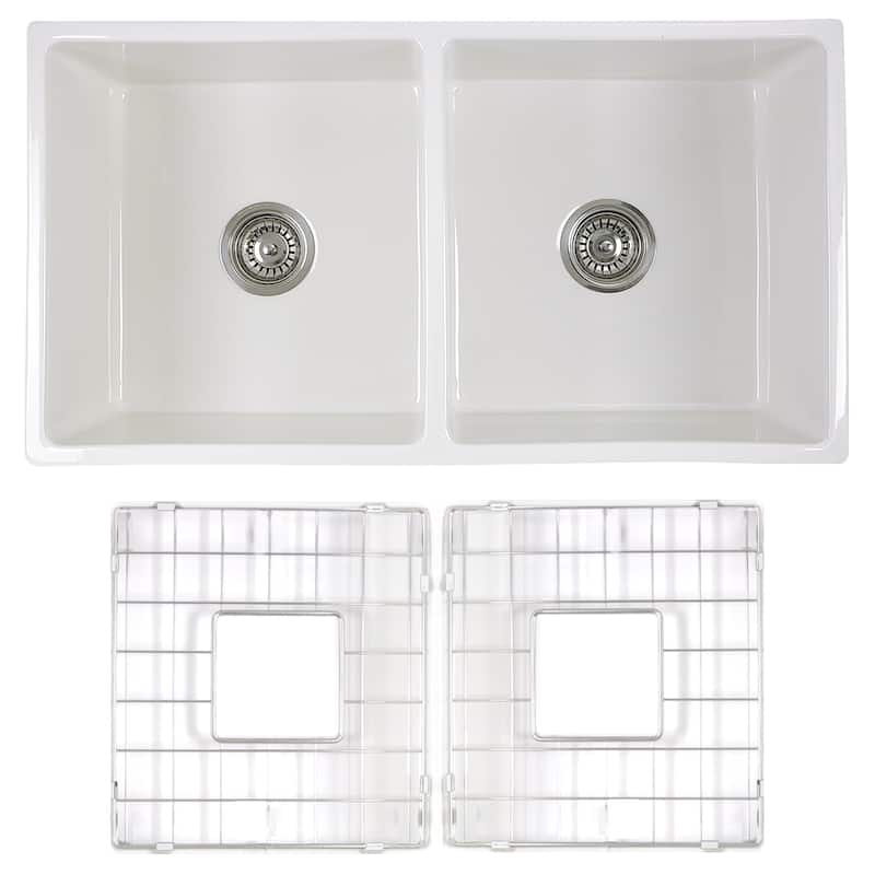 Highpoint Collection Double Bowl Fireclay Farmhouse Sink - 33 x 18 x 10