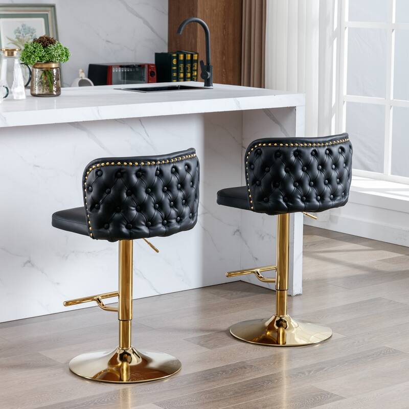 Set of 2 Adjusatble Swivel Bar Stools with PU Leather Tufted Back