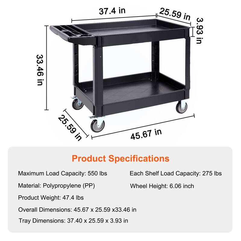 Black Heavy-Duty Plastic Utility Service Cart with 2 Storage Shelf and Lockable Swivel Wheels - 45.67 x 25.59 x33.46 in