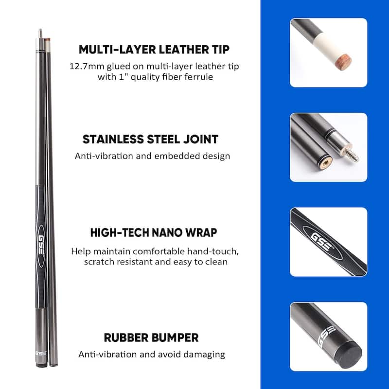 GSE™ 58" 2-Piece Fiberglass Graphite Composite Billiard Pool Cue Stick for Men/Women. Great for House or Commercial Use - Grey