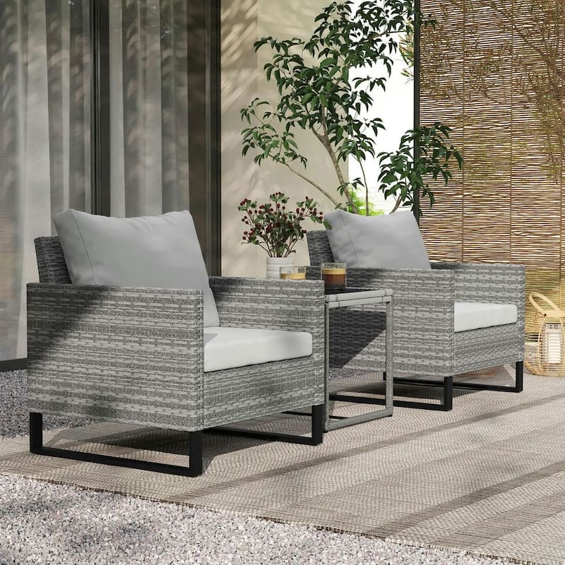 3-Piece Wicker Patio Set, Cushioned Rocking Chairs,Glass Table,Outdoor - Grey