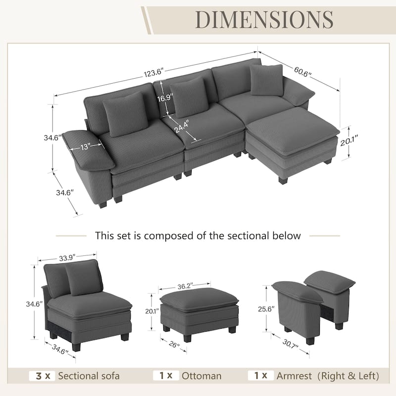 MAISON ARTS Modular Cloud Sectional Sofa, Comfy L- or U-Shaped Couch with Ottomans & Pillows, 4–6 Seat Living Room Sofa