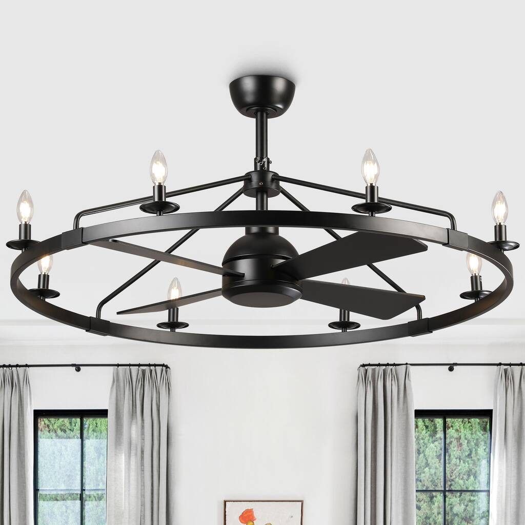 Vaczon 35" Industrial Black Wagon Wheel Caged Ceiling Fan with Remote and Light Kit