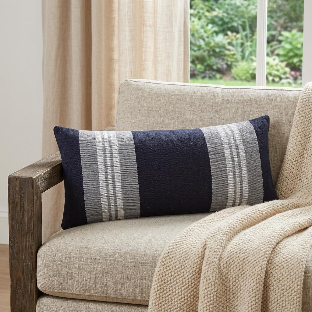 HomeRoots 14" X 36" Navy Gray And White 100% Cotton Coastal Zippered Pillow