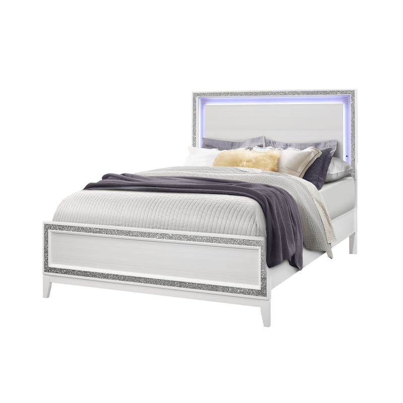 HomeRoots Silver and White Faux Crystal Bling Wood Lighted Full Bed Frame