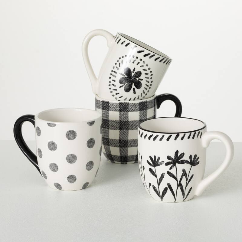 Sullivans 4.5 in. Black And White Pattern Mugs - Set of 4