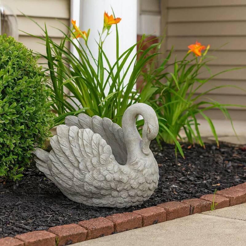 Jina Planter with Swan Sculpted Details, Gray Terracotta 10 Inch