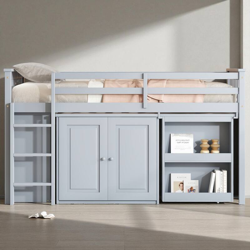 Twin Size Rubber Wood Loft Bed with Pull-Out Desk, Storage Cabinets, Drawers and Shelves, Safety Guardrail and Ladder